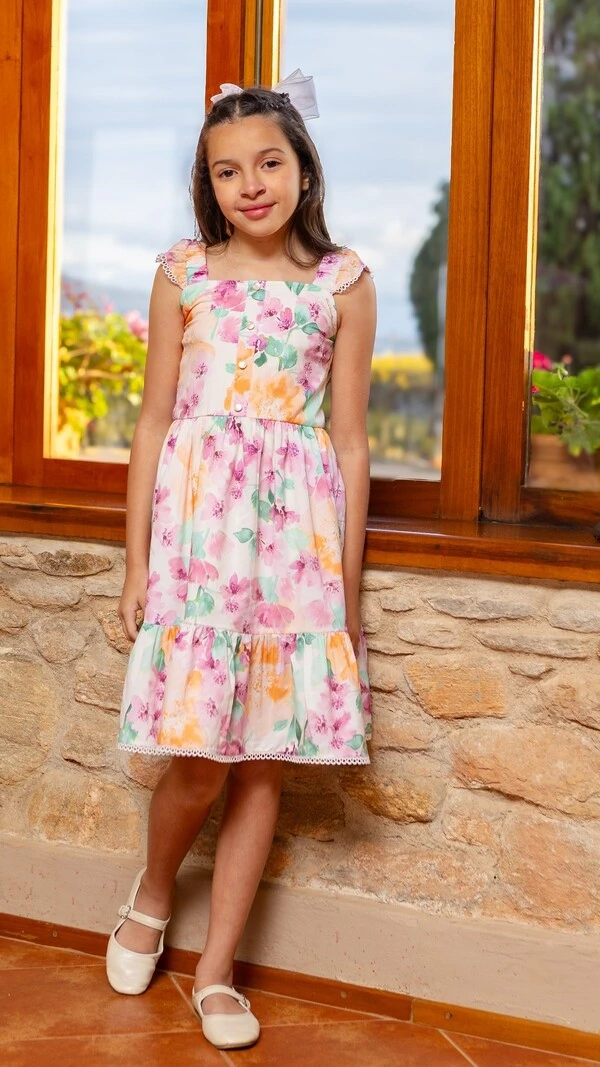 Vestido Infantil Mabel Floral com Babados Estampado