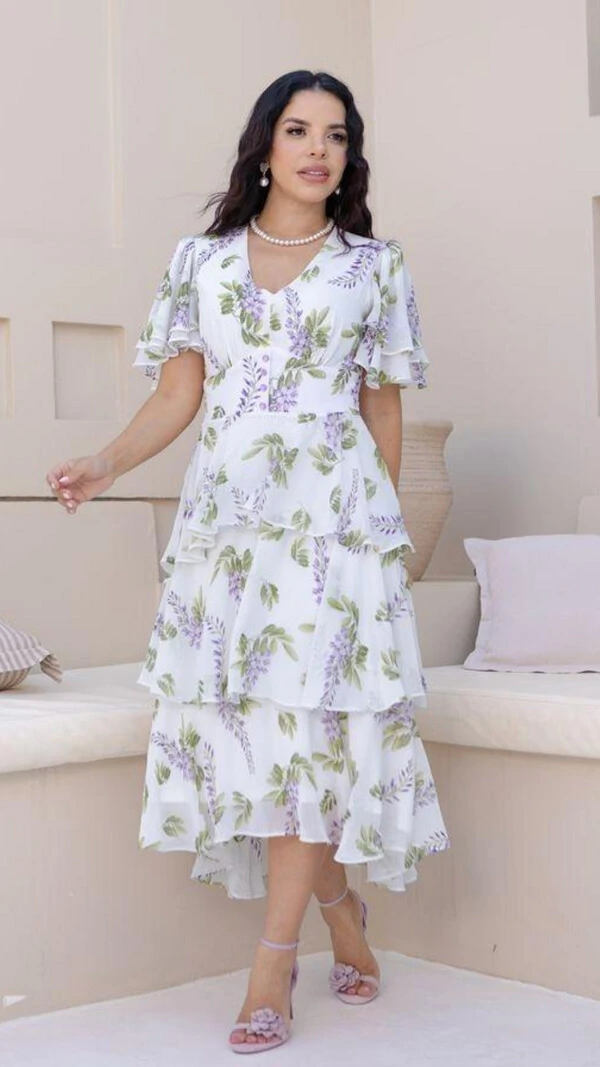 Vestido Midi Estampado Clara Crepe Gola V Barra Mullet