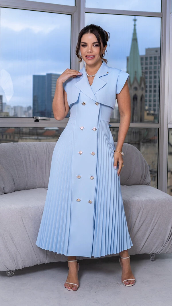 Vestido Max Midi Safira em Alfaiataria com Botões