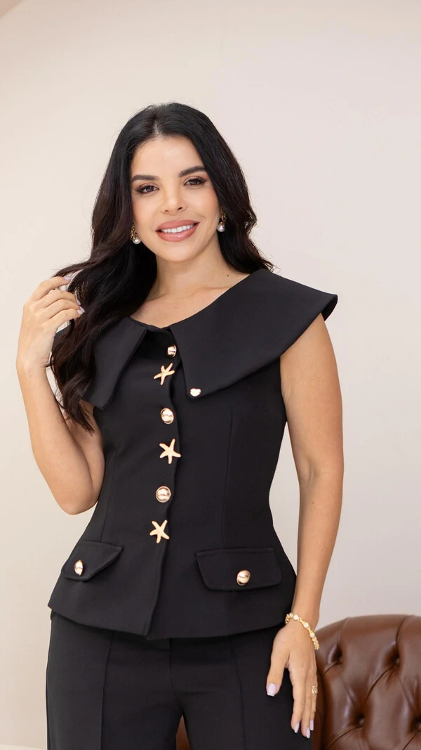 Blusa Manga Longa Alfaiataria Yara Gola Grande Acinturada