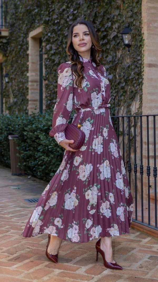 Vestido Longo Floral Plissado Marciele com Cinto Laço