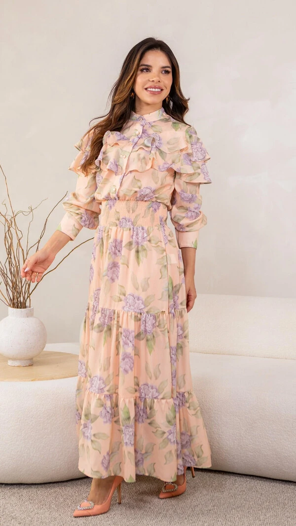 Vestido Longo Floral Magda Crepe com Babados e Gola Alta