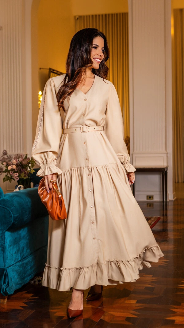 Vestido Max Midi Madson em Viscose Sarjada com Cinto Bege