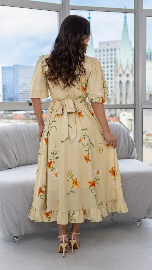Vestido Max Midi Jucelia Floral com Faixa e Botões