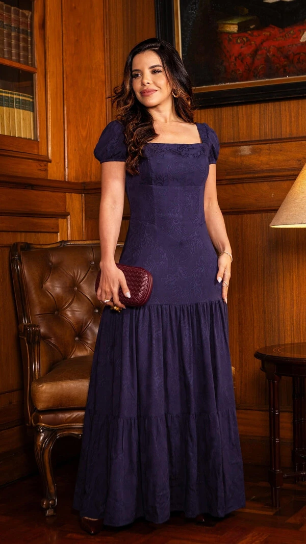 Vestido Jacquard Giulia com Decote Quadrado Azul Marinho