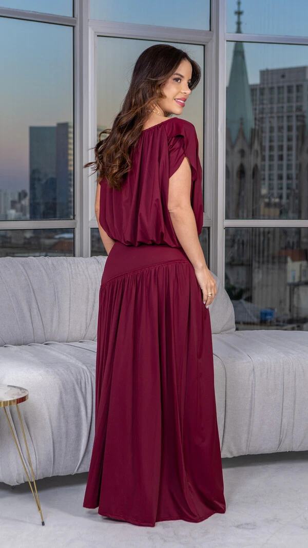 Conjunto Florence Blusa e Saia Longa Azul Marinho e Vinho
