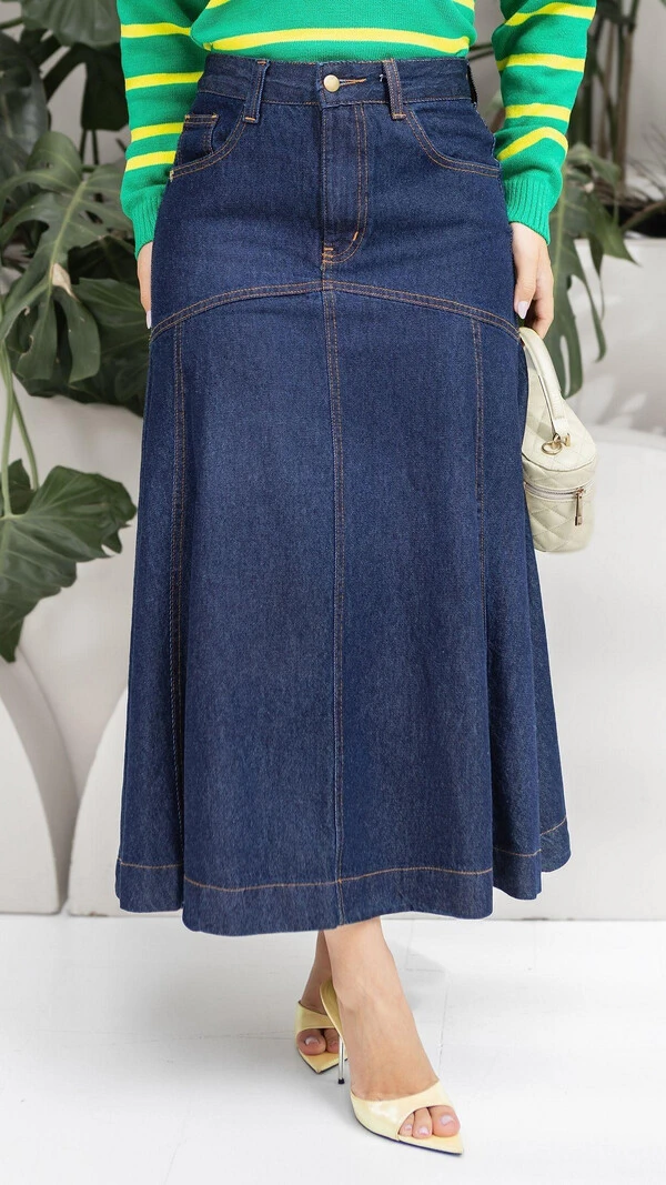 Saia Midi Jeans Mariza com Recortes e Bolsos