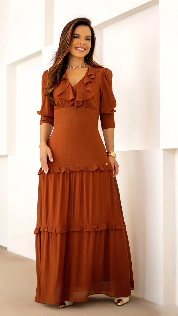 Vestido Longo Conny em Viscose com Babados