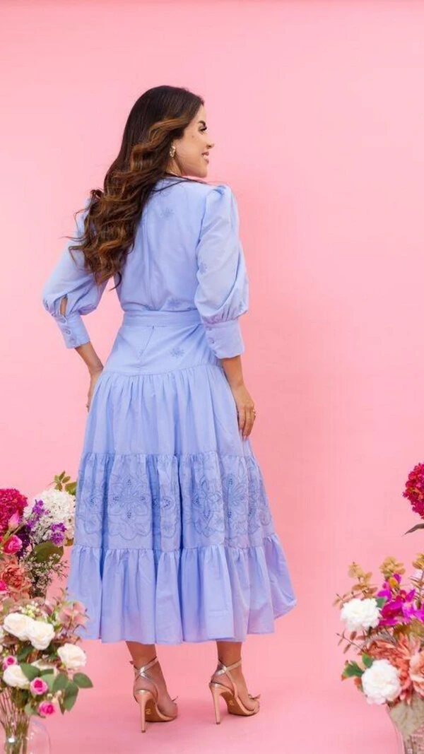 Vestido Midi Azul Danúbia Voil de Algodão com Bordados