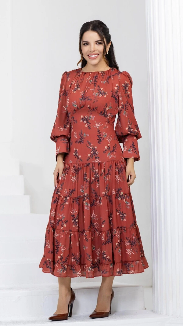 Vestido Longo Telha Noeli Estampa Invernal Manga Longa
