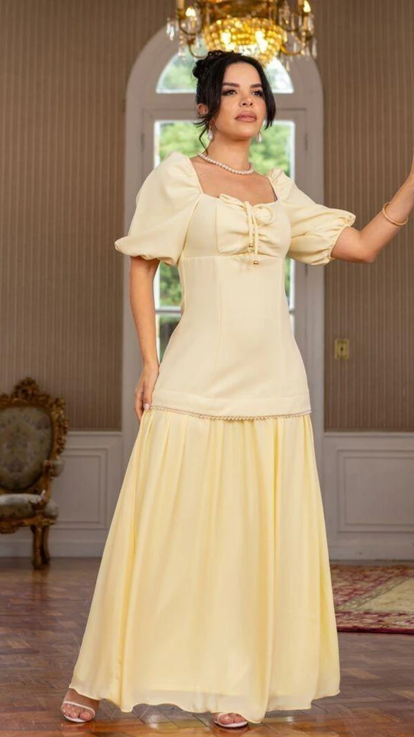 Vestido Longo Tonya Mangas Princesa com Amarração no Busto