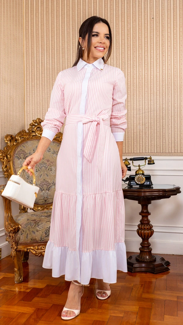 Vestido Max Midi Azenate Listrado com Faixa e Babados