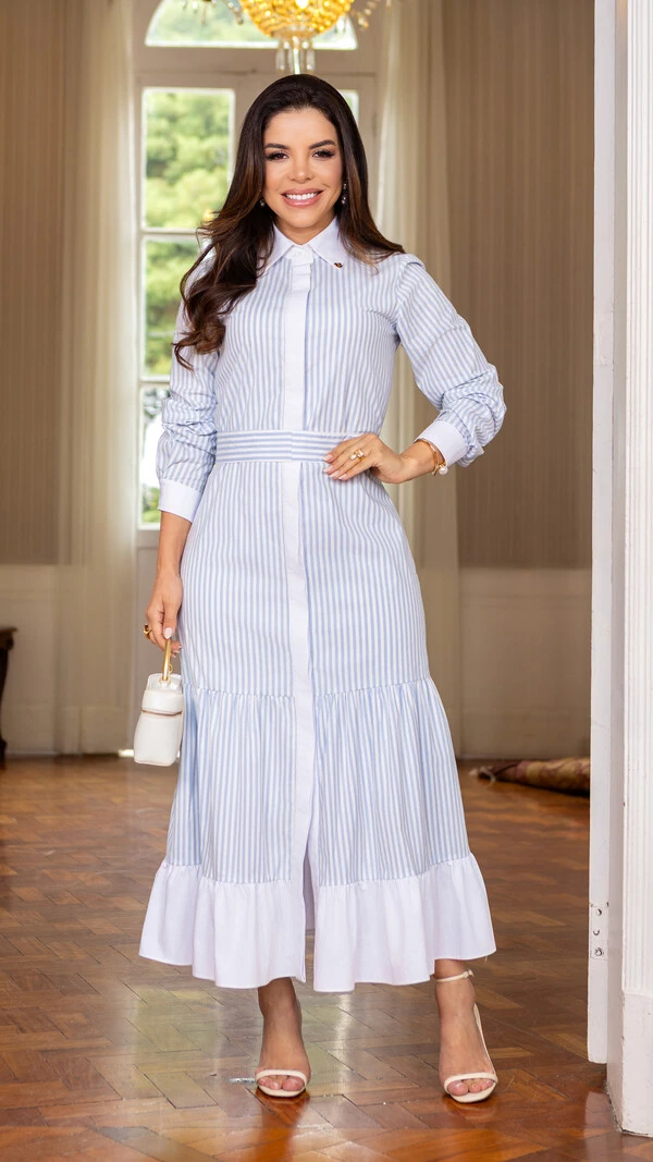 Vestido Max Midi Azenate Listrado com Faixa e Babados