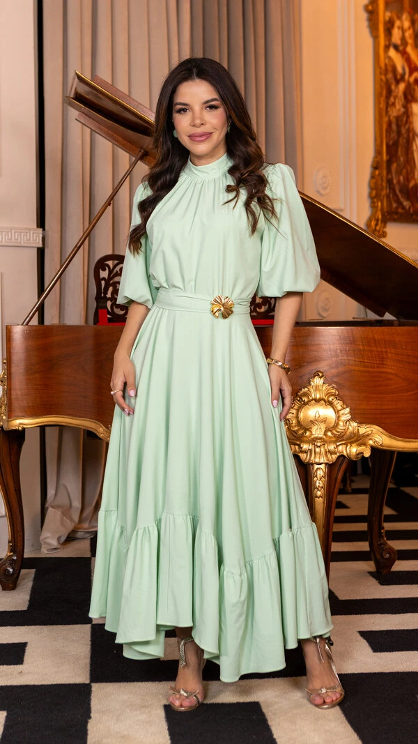 Vestido Longo Helenice com Mangas 3/4 e Faixa com Fivela