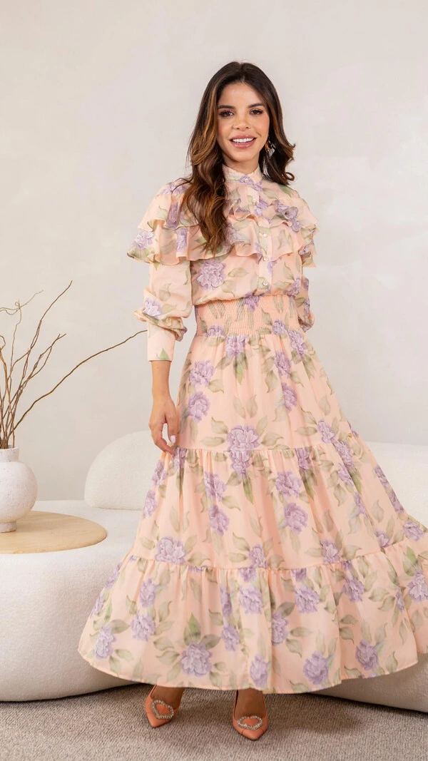 Vestido Longo Floral Magda Crepe com Babados e Gola Alta