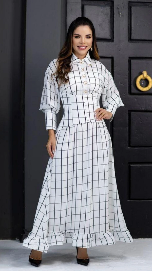 Vestido Longo Branco Nadir Corset Removível Gola Colarinho