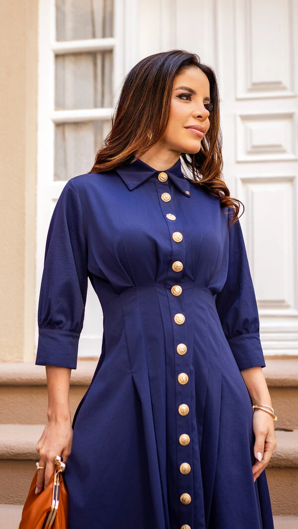 Vestido Chemise Curto Ildes com Botões Frontais Azul Marinho