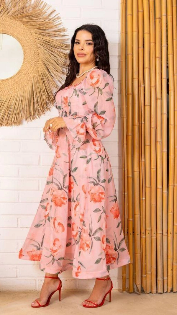 Vestido Midi Rosa Floral Siena Crepe Decote Quadrado