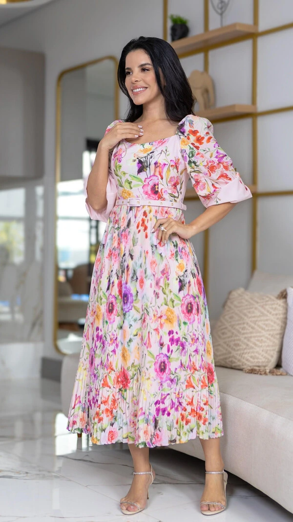 Vestido Midi Floral Alexandra Silk Span Saia Plissada