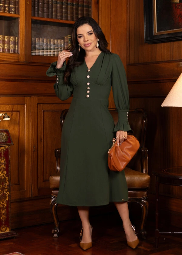 Vestido Midi Miriane em Malha Alfaiataria com Botões