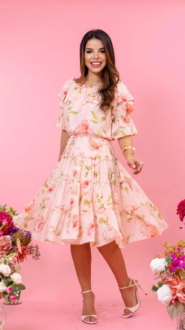 Vestido Midi Estampado Domenica Crepe Lastex Forrado