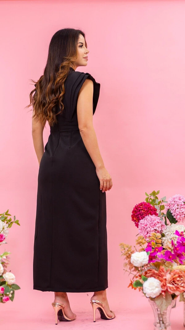 Vestido Midi Diandra Gola Alta com Pregas nos Ombros