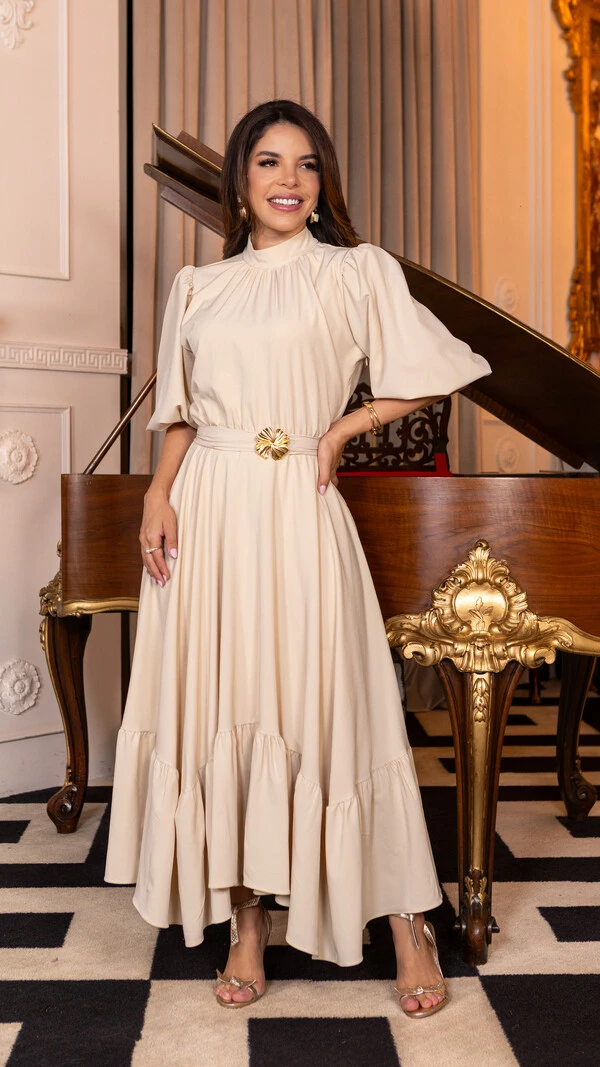 Vestido Longo Helenice com Mangas 3/4 e Faixa com Fivela