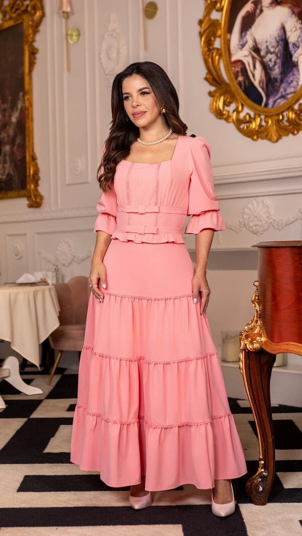 Vestido Max Midi Kira com Entremeios e Laços