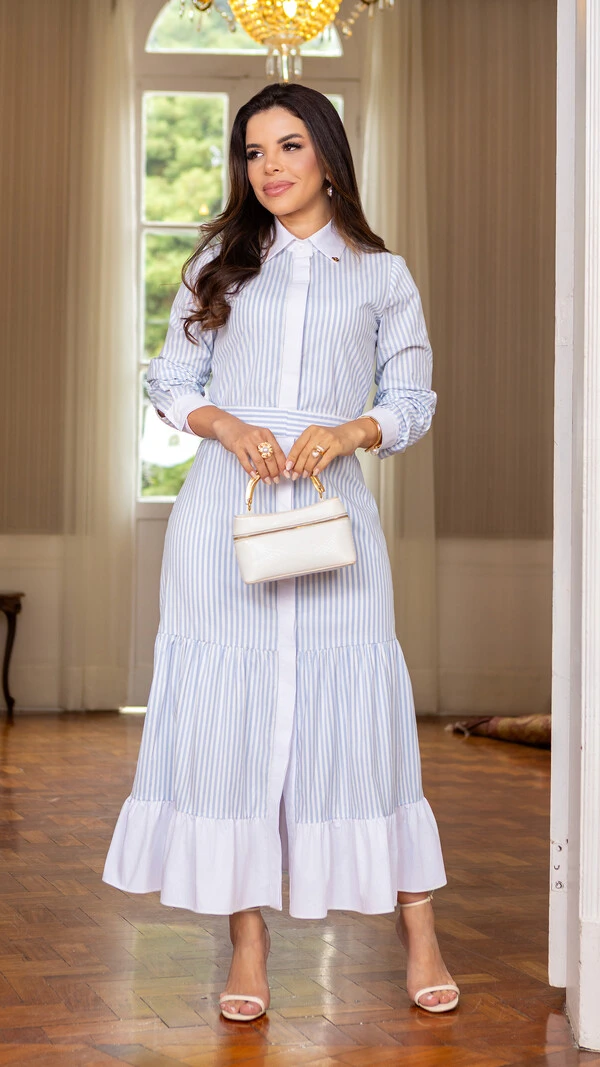 Vestido Max Midi Azenate Listrado com Faixa e Babados