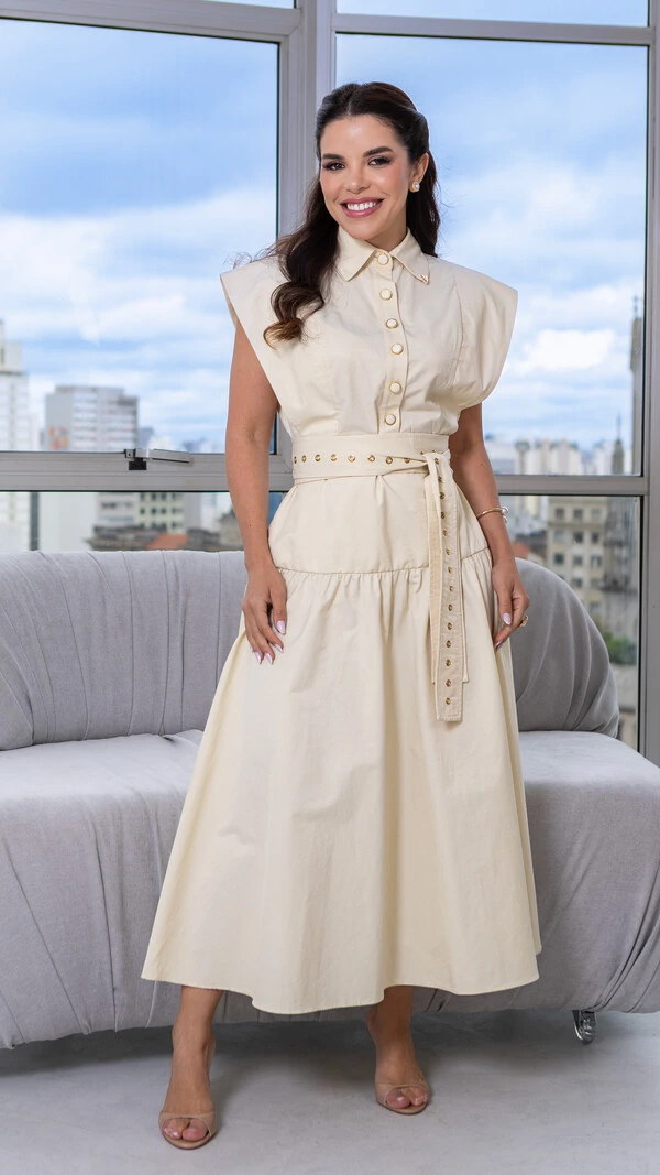 Vestido Max Midi Noemia com Cinto de Ilhós e Botões
