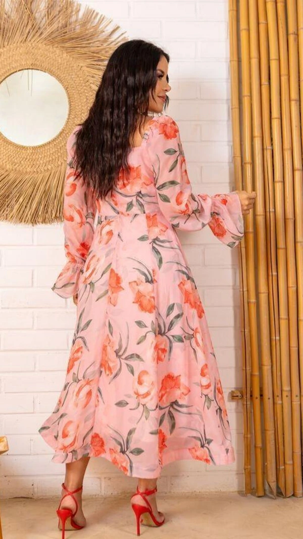 Vestido Midi Rosa Floral Siena Crepe Decote Quadrado