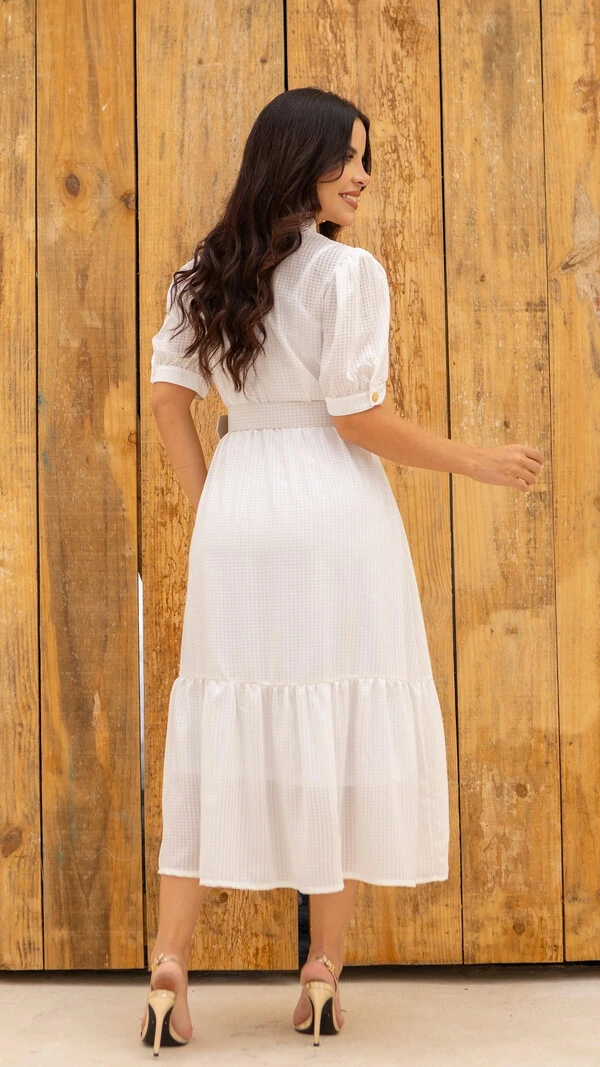 Vestido Midi Branco Chemise Cintia Crepe Vichy com Cinto