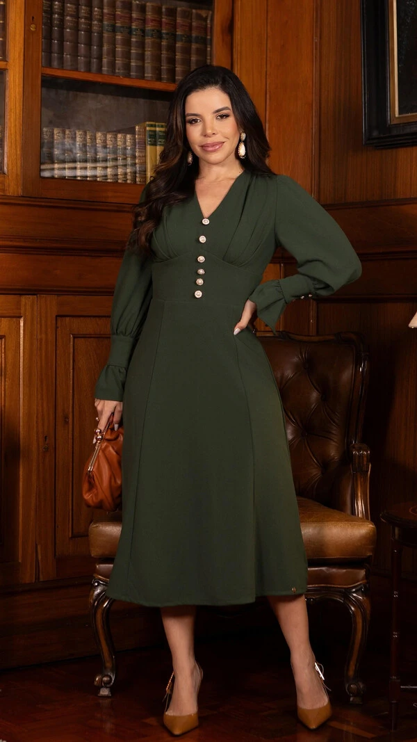 Vestido Midi Miriane em Malha Alfaiataria com Botões Verde