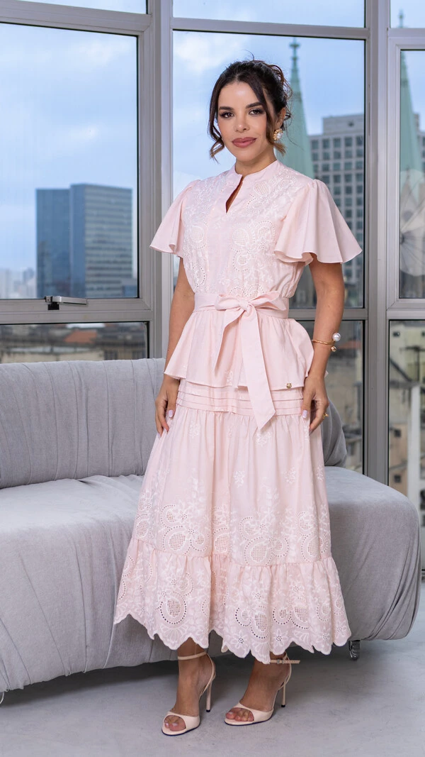 Vestido Max Midi Enne em Laise com Faixa para Amarração