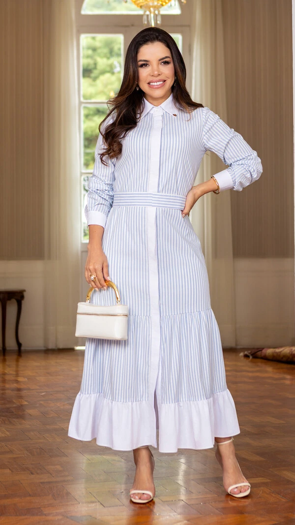 Vestido Max Midi Azenate Listrado com Faixa e Babados