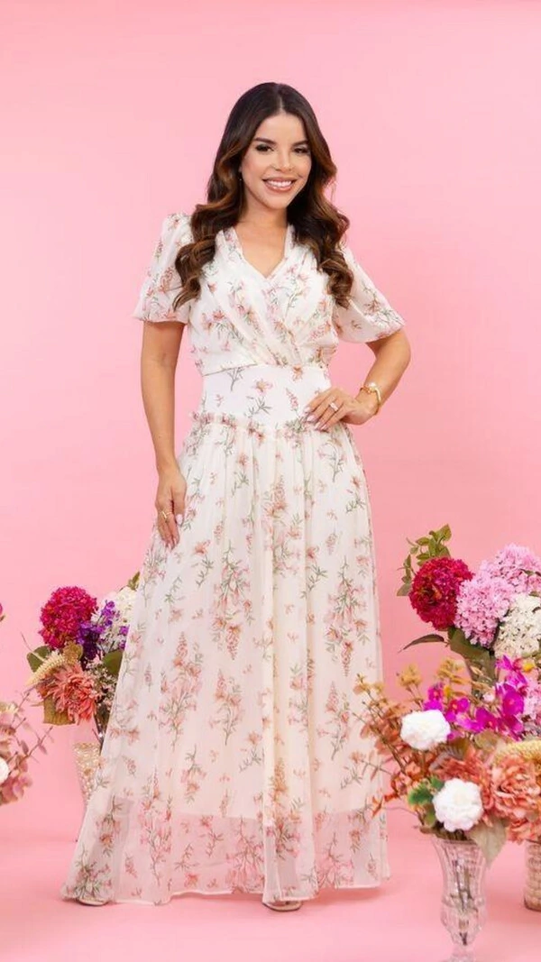 Vestido Longo Estampado Thaiza Crepe Exclusivo Forrado