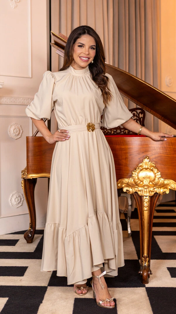 Vestido Longo Helenice com Mangas 3/4 e Faixa com Fivela