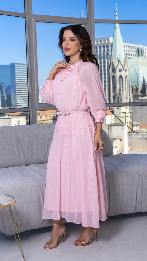 Vestido Max Midi Mércia Plissado com Renda Chantilly