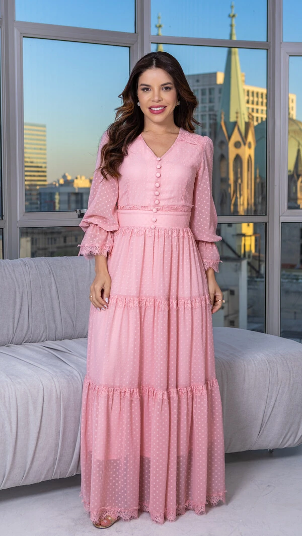 Vestido Longo Derya com Renda Chantilly e Botões
