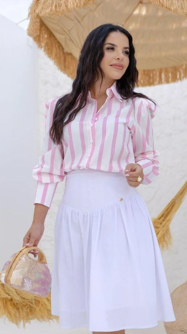 Camisa Nilda Listrada em Tricoline Manga Longa