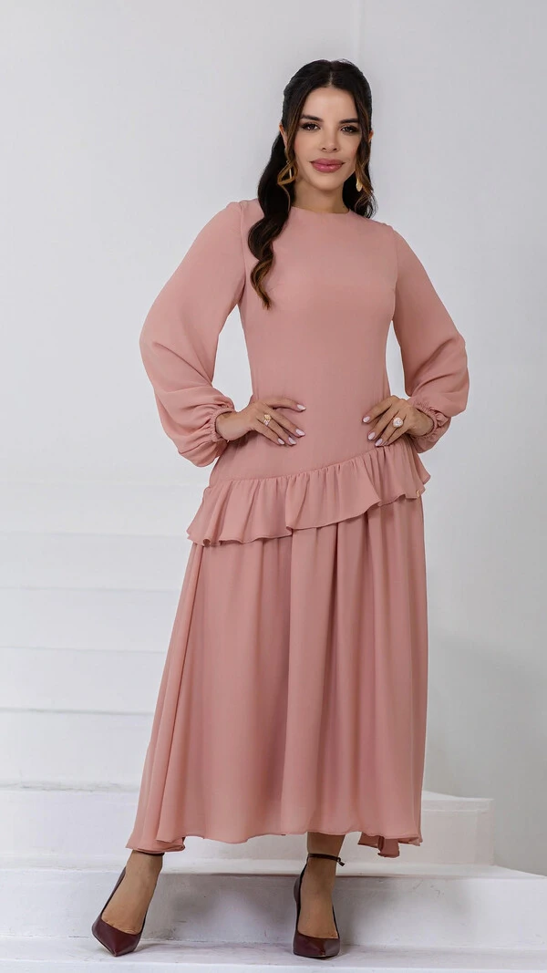 Vestido Longo Crepe Suzete Corset Babados Assimétricos