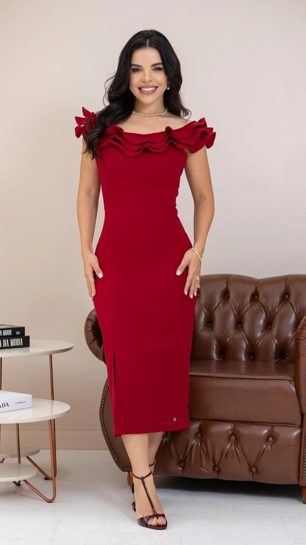Vestido Midi Bordô Alfaiataria Elisa Detalhe no Decote