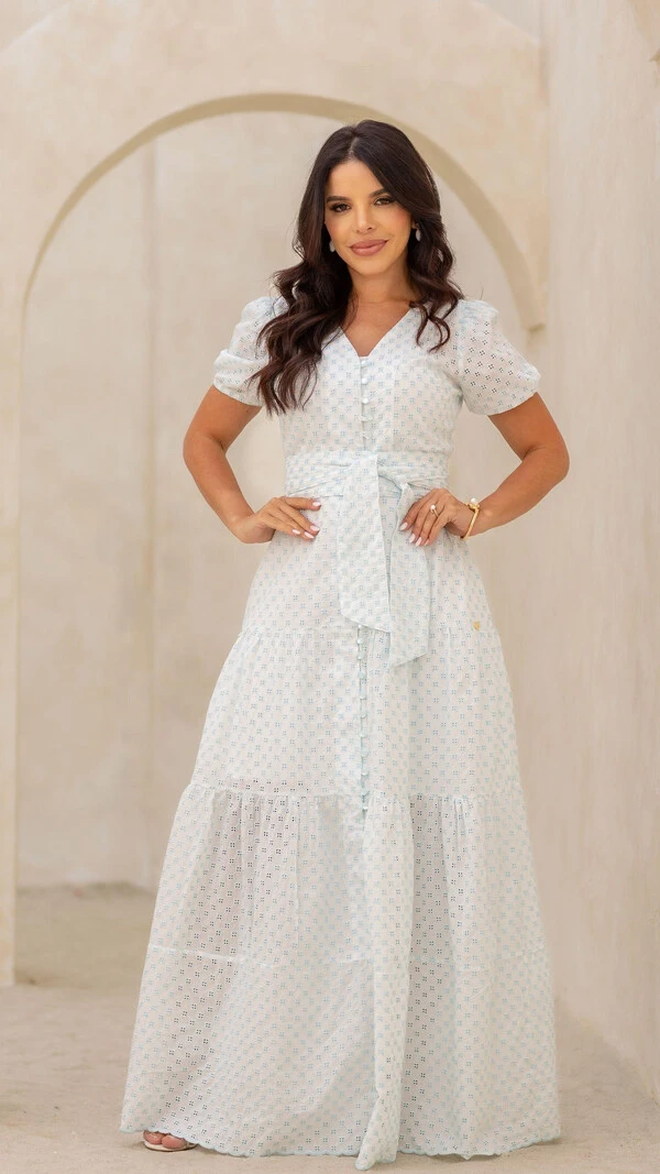 Vestido Longo Azul Geométrico Raika Algodão Três Marias