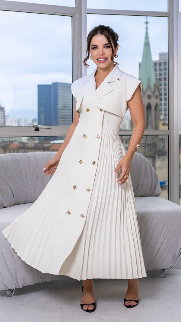 Vestido Max Midi Safira em Alfaiataria com Botões