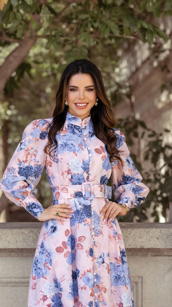 Vestido Midi Estampado Azul Atena em Crepe Saia Godê