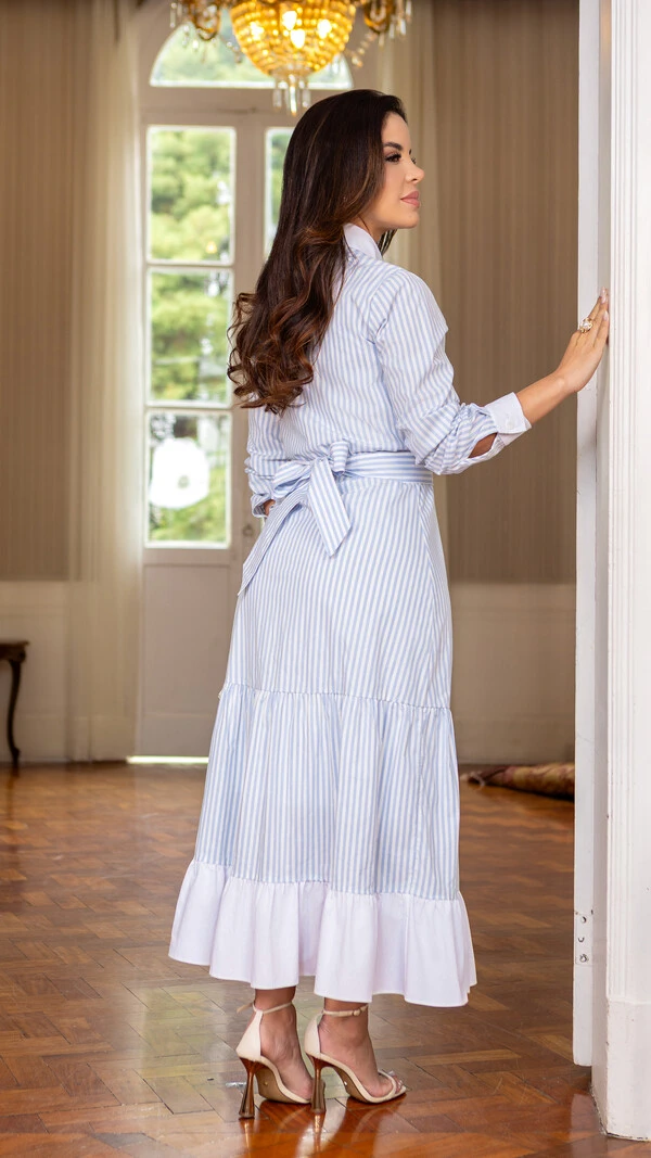 Vestido Max Midi Azenate Listrado com Faixa e Babados