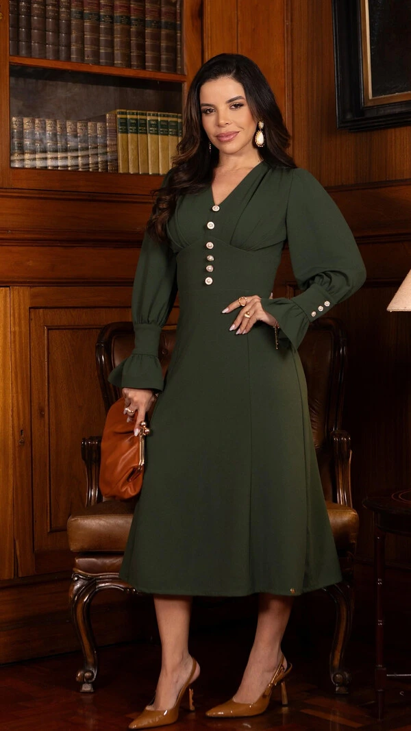 Vestido Midi Miriane em Malha Alfaiataria com Botões Verde