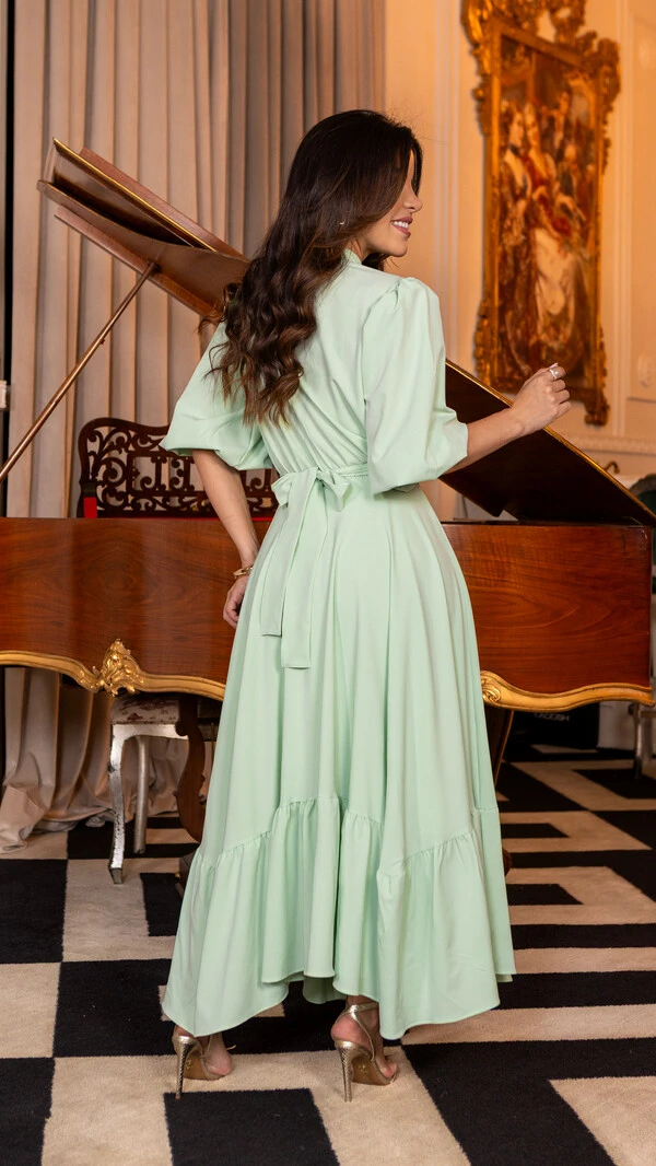Vestido Longo Helenice com Mangas 3/4 e Faixa com Fivela