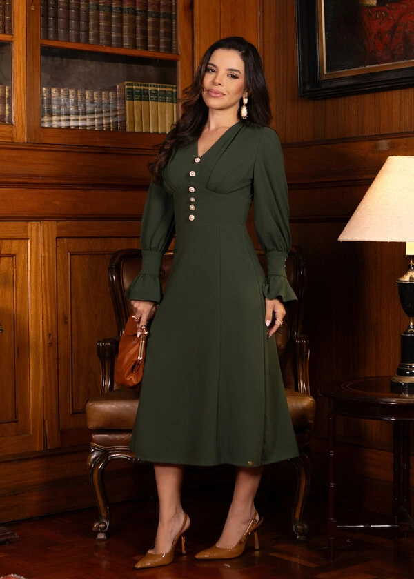 Vestido Midi Miriane em Malha Alfaiataria com Botões