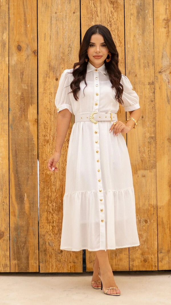 Vestido Midi Branco Chemise Cintia Crepe Vichy com Cinto